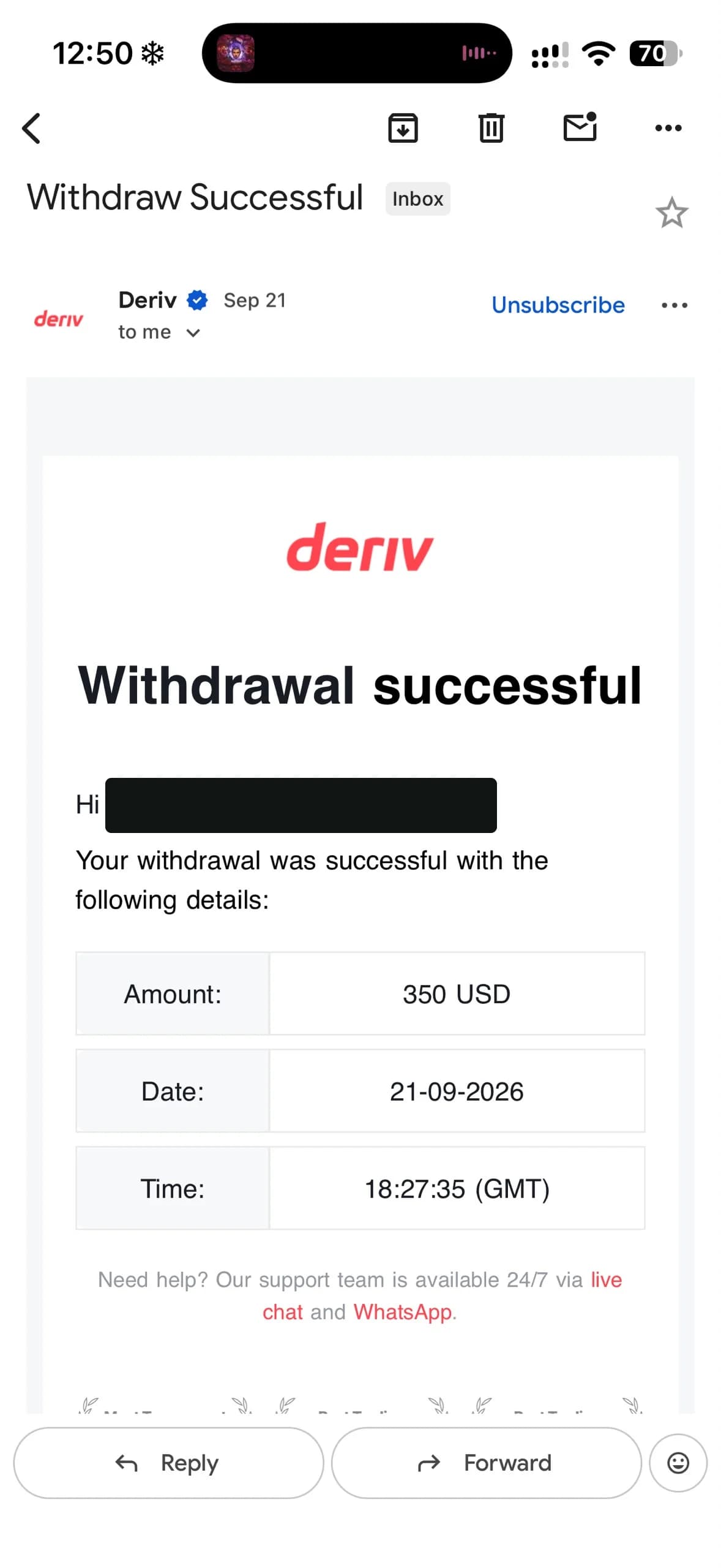 E-mail Deriv « Withdrawal successful » : retrait de 350 USD le 21/09/2026. Nom du titulaire masqué.