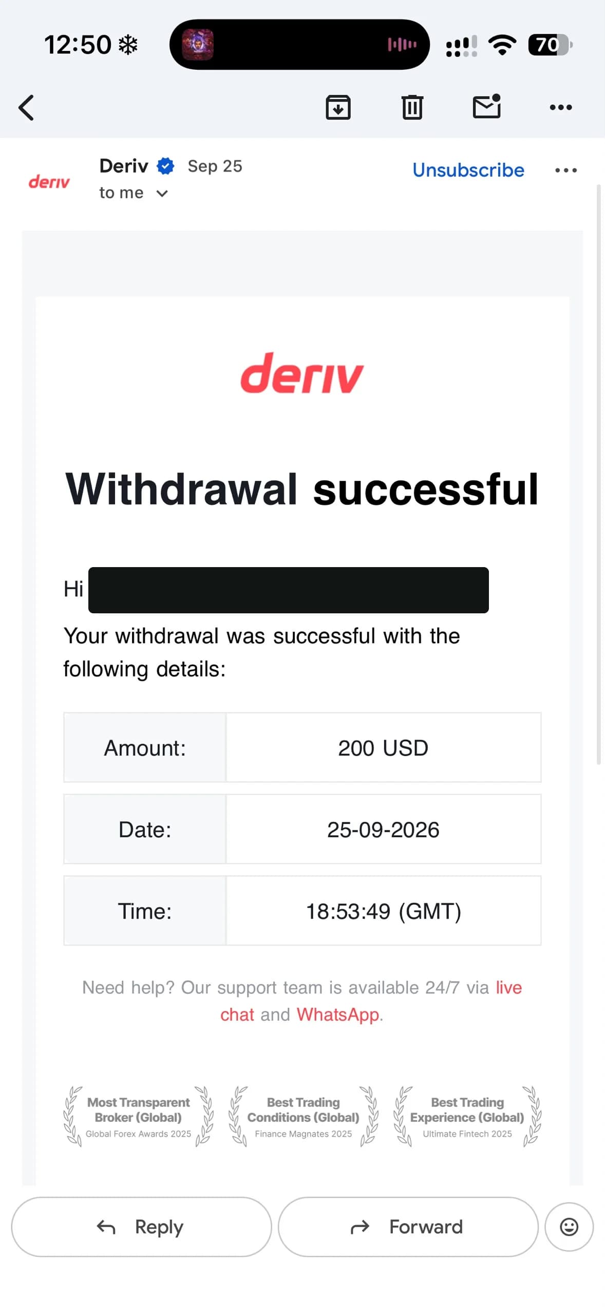 E-mail Deriv « Withdrawal successful » : retrait de 200 USD le 25/09/2026. Nom du titulaire masqué.